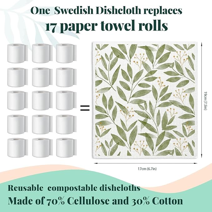 Swedish Dishcloths, Botanical Watercolor Leaf, 4 Pack Reusable Paper Towels, Cotton & Wood Pulp, 6.7 x 7.5 Inches