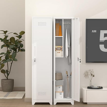 Broom Closet Storage Cabinet,65" H Slim Tool Cabinets with Locking Door and 2 Shelves,Utility Cabinet with Hanging Rod and Hooks for Home Office,White