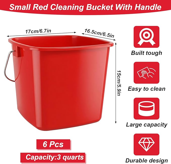 6 Pcs 3 Quart Small Bucket Square Detergent Sanitation Bucket Plastic Small Cleaning Pail with Handles Stackable Utility for Home, Office, Kitchen, School, Commercial Use, Food Service（Red）