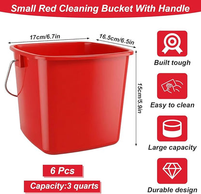 6 Pcs 3 Quart Small Bucket Square Detergent Sanitation Bucket Plastic Small Cleaning Pail with Handles Stackable Utility for Home, Office, Kitchen, School, Commercial Use, Food Service（Red）