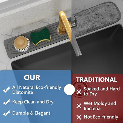 24'' Longer Stone Faucet Mat for Kitchen Sink [Super Absorbent, 30s Quick Drying] Water Absorbing Stone Tray for Sink Stone Mat for Kitchen Sink Stone Quick Dry Around Faucet Diatomite Stone Sink Tray
