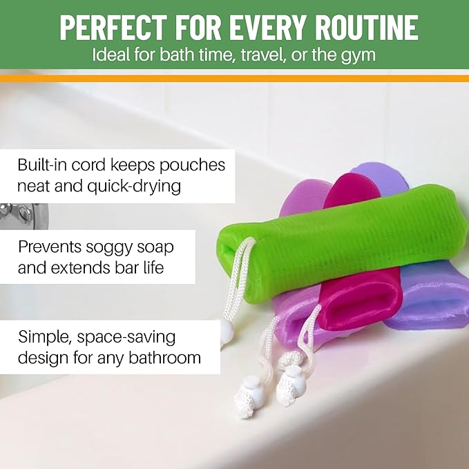 Evelots Exfoliating Mesh Loofah Soap Pouches - 5 Pack - Bath, Shower Body Facial Cleaning Scrubbers - Removes Dead Skin - Hanging Cord - Extend The Life of Your Soap Bars