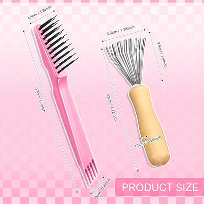 Boao 2 Pieces Hair Brush Cleaning Tool Comb Cleaner Brush Mini Comb Cleaning Hair Remover Tool for Removing Dust Home and Salon Use(Pink, Wood Color,Polished Wooden Handle Rake)