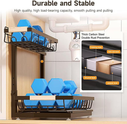 Sevenblue 2 Packs Under Sink Organizer, Height Adjustable 2 Tier Under Kitchen Sink Organizer, Multi-Purpose Storage Shelf for Kitchen Bathroom Cabinet