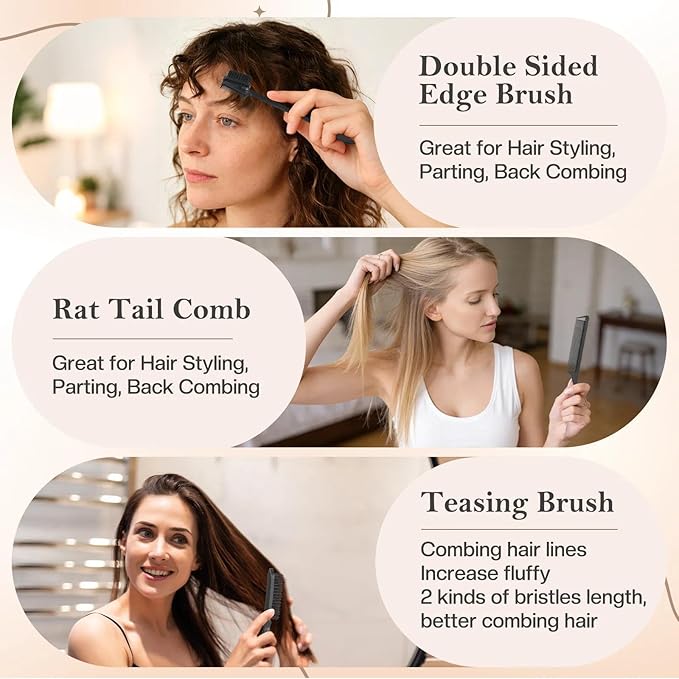 BRUSHZOO Hair Brush for Women, Brushes with Curly Hair Brush, Hair Spray Bottle, Edge Control Brush, Teasing Brush, Rat Tail Comb for All Hair Detangling Parting Styling