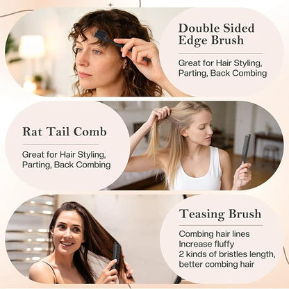 BRUSHZOO Hair Brush for Women, Brushes with Curly Hair Brush, Hair Spray Bottle, Edge Control Brush, Teasing Brush, Rat Tail Comb for All Hair Detangling Parting Styling