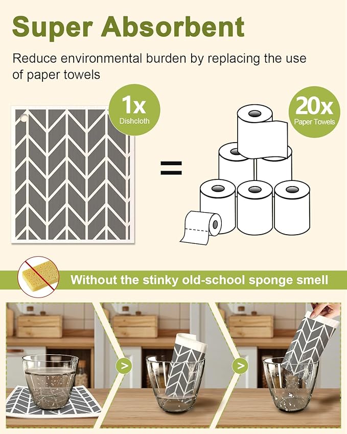 Miss Adola 6 Pack Swedish Dishcloths for Kitchen - Reusable Dish Cloths for Washing Dishes Absorbent Cute Funny Kitchen Towels Cleaning Sponge, Grey Checked
