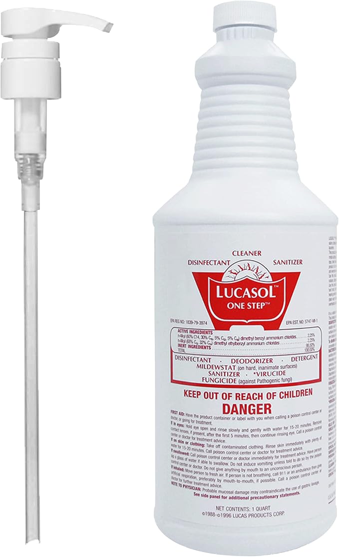 Lucasol One Step Disinfectant, 1 Quart (32 Ounce) Disinfectant & Attachable Dispenser Pump Combo, All Purpose Cleaner Disinfectant Spray For Hospitals, Schools, Salons, Household Cleaning And More.