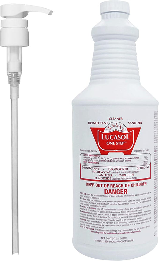 Lucasol One Step Disinfectant, 1 Quart (32 Ounce) Disinfectant & Attachable Dispenser Pump Combo, All Purpose Cleaner Disinfectant Spray For Hospitals, Schools, Salons, Household Cleaning And More.