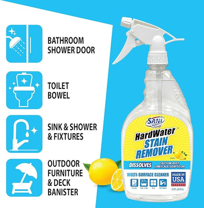 SANI 360° Hard Water Stain Cleaner (32 oz) 60 second multi-surface sealant and cleaner. Reduces buildup, calcium, limescale, rust, and soap scum. Lemon scent MADE IN USA