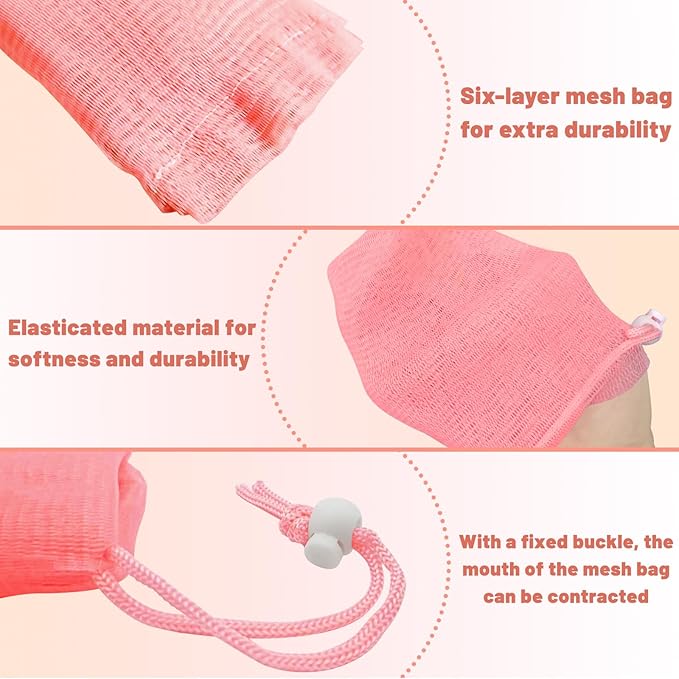 6Pcs Mesh Soap Bag, 3 Colors 6-layer Soft Soaps Pouch with Adjustable Buckle and Drawstring Soap Saver Bag to Create Foam for Body Facial Cleaning (3.12 "x 7.22" Green Pink Beige)