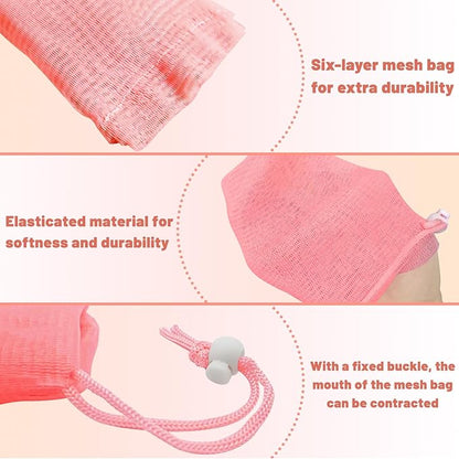 6Pcs Mesh Soap Bag, 3 Colors 6-layer Soft Soaps Pouch with Adjustable Buckle and Drawstring Soap Saver Bag to Create Foam for Body Facial Cleaning (3.12 "x 7.22" Green Pink Beige)
