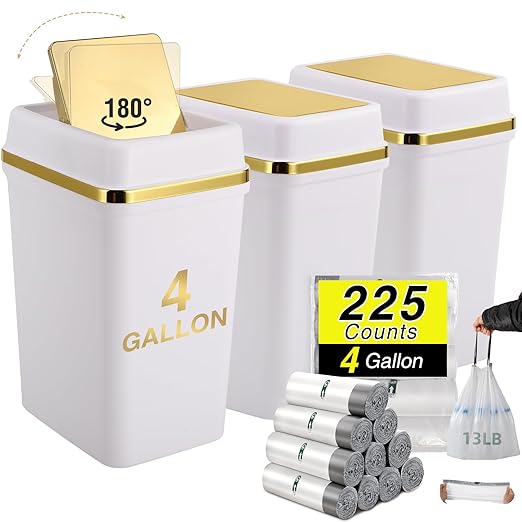 3 Pack Bathroom Trash Can with Lid 4 Gallon Small Trash Can with Swing Lid White and Gold Bathroom Garbage Can with 225 Counts Trash Bags for Kitchen Bedroom Office