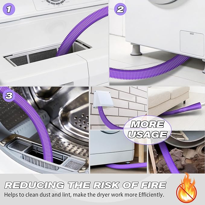 Sealegend Dryer Vent Cleaner Kit - Vacuum Hose Attachment & Lint Brush,Dryer Vacuum Hose Attachment Fit Most Vacuums and Dryer, Refrigerator Coils & Behind Appliances, Purple
