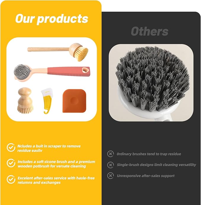 5 in 1 Dish Brush Set with Scraper, Kitchen Scrub Brush for Cleaning, Include Soft and Hard Bristle Scrub Brush, Vegetable Brush, Hard and Soft Scrapers, Suitable for Scrubbing Pots, and Bowls (5)