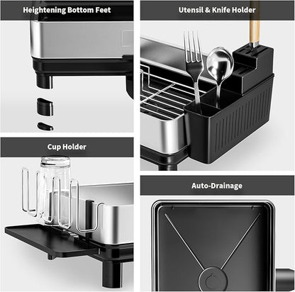 Ewaiira Dish Drying Rack, 304 Stainless Steel Dish Racks for Kitchen Counter, Dish Drainers with Automatic Drainage, Utensil Holder & Cups Holder, Space Saving Kitchen Organizer, Black 16.5''x12.6''