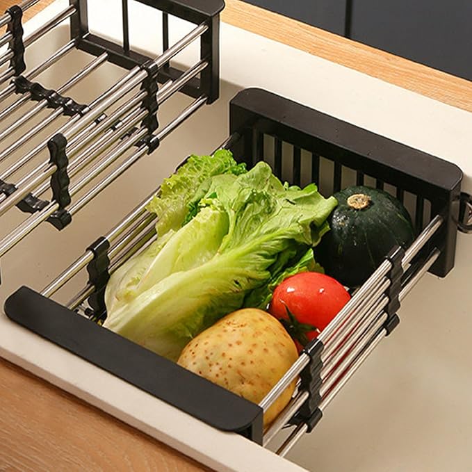 Dish Drying Rack, Adjustable Stainless Steel Drainer Basket Drain Tray for Dishes, Vegetables, and Fruit, On or in Sink Kitchen Basket (Black)