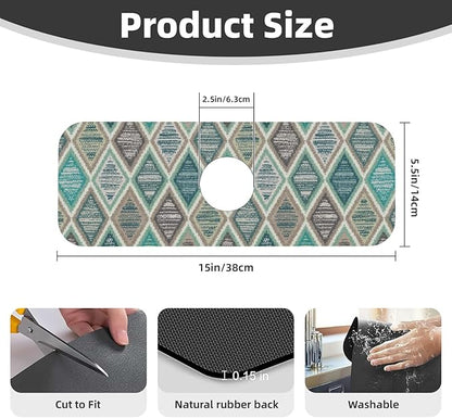 Teal And Brown Boho Style Kitchen Sink Splash Guard Faucet Mat Super Absorbent Fast Drying Mat Sink Gadgets-Fast Drying Pad Sink Mat For Kitchen Bathroom (15" X 5.5" )