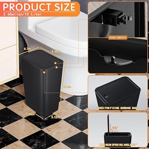 2.65-gallon/10-liter Push-Button Trash can with lid + 100 Trash Bags. Features pet-Proof, Odor-Proof, and Quiet-Closing Functions; Suitable for bedrooms, bathrooms, Kitchens, and Offices (Black)