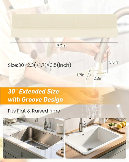 Kitchen Sink Splash Guard 30" 23" 18" Silicone Water Guard with Suction Cups, Faucet & Countertop Protector, Bathroom & Sink Edge Splash Guard Strip, Easy Install, Dishwasher Safe-Cream