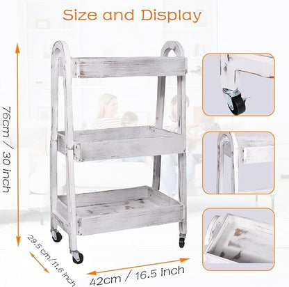 3-Tier Wooden Rolling Cart- Wooden Utility Cart wit Wheels- Utility Rolling Cart-Storage Trolley Organizer- Rolling Kitchen Serving Cart for Office,Kitchen, Kids' Room (Retro White)
