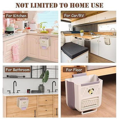 Hanging Trash Can for Kitchen Cabinet Door, 2.64 Gallon Hanging Trash Can with Space-Saving Design, Collapsible Waste Bin for Kitchen,Cabinet Door, Bathroom, RV, Car & Camping (Grey, 10L)