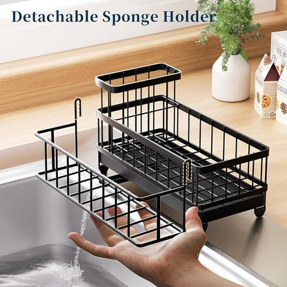 Consumest Sponge Holder for Kitchen Sink - Auto Draining Sink Caddy Organizer with Detachable Rack, High Brush Holder, Kitchen Countertop Storage Accessories, Black