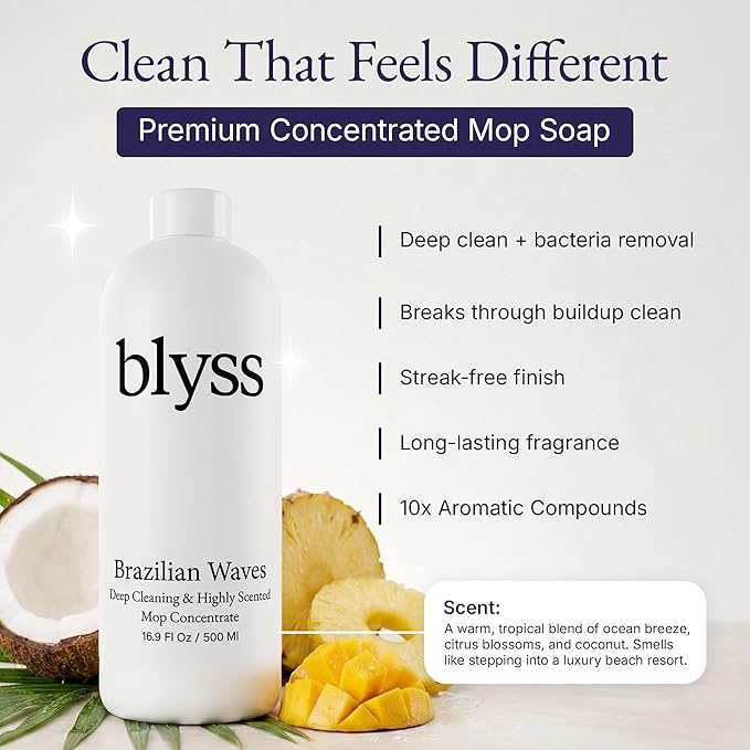 Mop Soap Brazilian Waves, Floor Cleaner for Mopping, Luxury Scented Mop Soap, LVP Vinyl Laminate and Hardwood Floor Cleaner Solution, Plant Powered Floor Cleaner