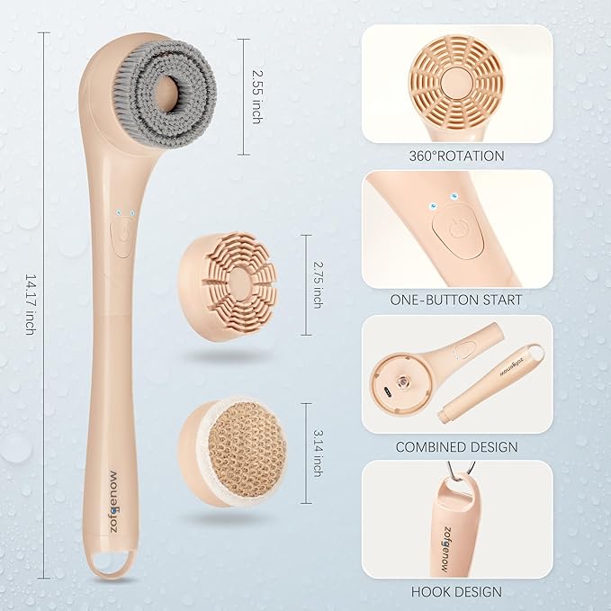 ZOFGENOW Electric Body Brush, Waterproof Back Scrubber for Shower with Long Handle and 3 Heads, Rechargeable Exfoliating Brush for Body and Foot, Deep Cleansing Massager, Pink
