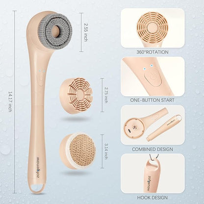 ZOFGENOW Electric Body Brush, Waterproof Back Scrubber for Shower with Long Handle and 3 Heads, Rechargeable Exfoliating Brush for Body and Foot, Deep Cleansing Massager, Pink