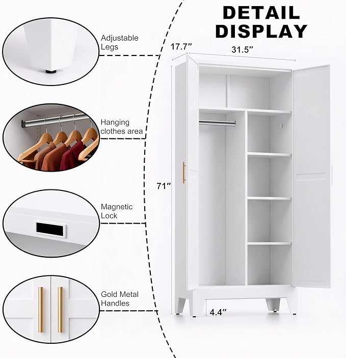 71" H Metal Garage Storage Cabinets,Broom Closet Storage Cabinet,Utility Cabinet,White Storage Cabinets