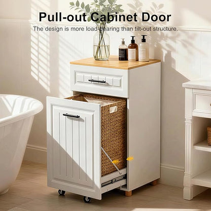 ZIFTY 13 Gallon Pull Out Trash Can Cabinet, Pet Proof Freestanding Kitchen Trash Bin Cabinet with Hideaway Drawer, Wooden Garbage Recycling & Laundry Hamper for Kitchen, Laundry, Living Room, White