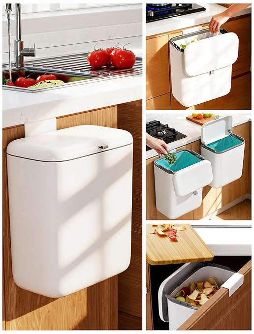 Wall Mounted Kitchen Compost Bin with Lid, Hanging Trash Can for Cabinet Door, White Plastic Food Scrap Bin for Kitchen Counter and Under Sink, 2.3 Gal