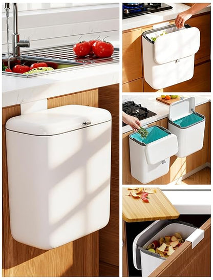 Wall Mounted Kitchen Compost Bin with Lid, Hanging Trash Can for Cabinet Door, White Plastic Food Scrap Bin for Kitchen Counter and Under Sink, 2.3 Gal