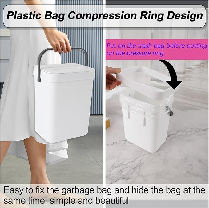 0.8 Gallon/3L Compost bin Kitchen, for use on countertops or Under Sinks, Hanging Trash can with lid, for Cupboard/Bathroom/Bedroom/Office/Camping, Mountable Indoor Compost Bucket(White)