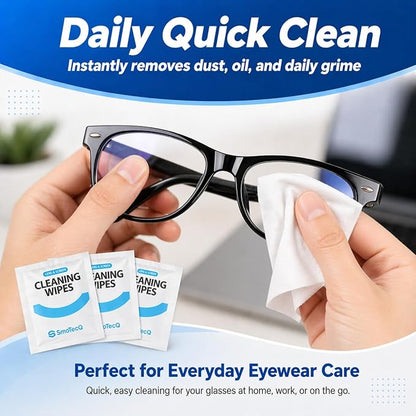 SmoTecQ Lens Wipes for Glasses, 180 Individually Wrapped Eyeglass Cleaning Wipes with 2 Microfiber Cloths for a Streak-Free Finish, Safe for Coated Lenses, Screens & Camera Lenses