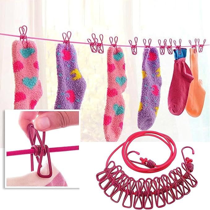 ALINNA Retractable Portable Clothesline, Travel Clothesline with 12 Clothespins for Indoor Laundry Drying, Outdoor Camping Accessories (Rose red)