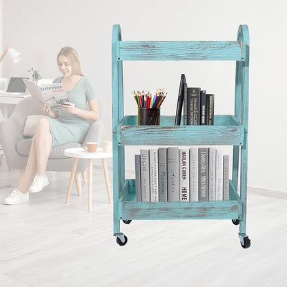 3-Tier Wooden Rolling Cart- Wooden Utility Cart wit Wheels- Utility Rolling Cart-Storage Trolley Organizer- Rolling Kitchen Serving Cart for Office,Kitchen, Kids' Room (Retro Blue)