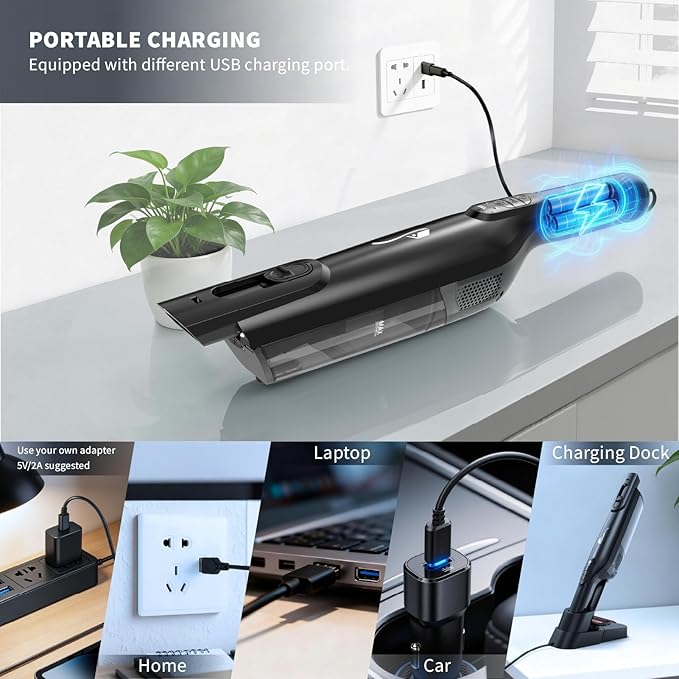 Cordless Handheld Vacuum, Lightweight Portable Hand Vacuum Cleaner with LED Light,Rechargeable Hand Held Vacuum with One-Touch Empty, Powerful Suction for Office, Home,Car,Raven