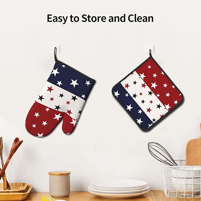 Red White and Blue Oven Mitts and Pot Holders Sets Patriotic American Flag StripedKitchen Mitts 4th of July Hot Pads for Cooking BBQ Baking Grilling