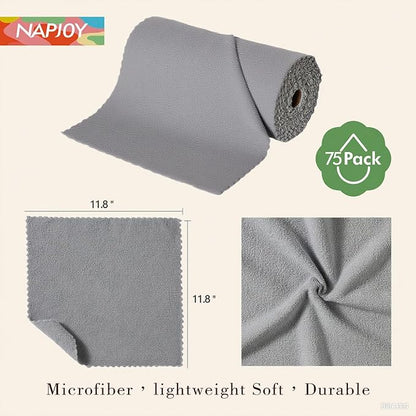 Napjoy Microfiber Cleaning Cloth Roll, 75PK Easy Tear Away Reusable Paper Towels, 12" x 12", Lint-Free and Scratch-Free with Patented Fiber Technology Microfiber Towel Roll, Grey