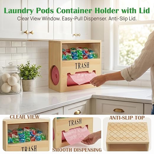 Wooden 2-in-1 Trash Bag Dispenser & Dishwasher Laundry Pods Container, Large Trash Bag Holder with Magnetic Flip Lids, Garbage Bag Dispenser for Kitchen Pantry Laundry Room Under Sink Organizer