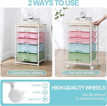 SYKIARIOL Utility Cart with 5 Drawers,Storage Drawer Cart with Wooden Tabletop and Lockable Wheels,Craft Storage Trolley Cart,5-Tier Rolling Utility Cart on Wheels,Rainbow