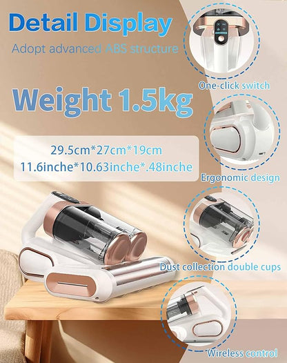 Powerful UV Bed Vacuum Cleaner, Bedroom Guard - Multifunctional Wireless Handheld Mattress Vacuums Cleaners, 13Kpa Heating Cordless Vacuum Cleaner Handheld for Bed, Sofa & Carpet (White)