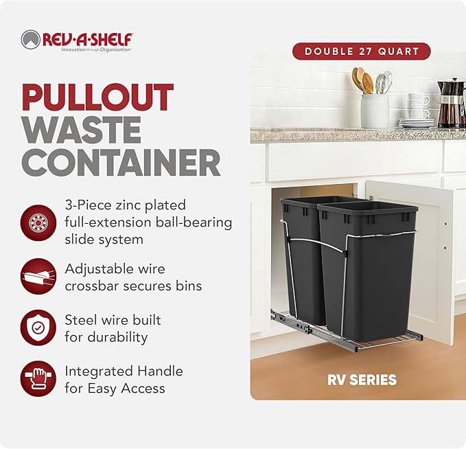 Rev-A-Shelf Double 27 Qt Pullout Trash Can for Base Kitchen Cabinets, Garbage Waste Bin System with Full Extension Slides, Min Opening Width of 11.5", Black, RV-15KD-18C S