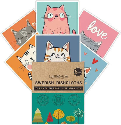 Swedish Dishcloths 6 Pack, Reusable Paper Towels Super Absorbent and Quick Drying for Kitchen, Biodegradable Washable Dish Towels Dishwasher Safe, Premium Cleaning Cloths with Watercolor Design (Cat)