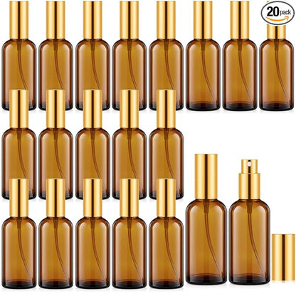 Tessco for you 20 Pcs Glass Spray Bottles Empty Perfume Atomizer Refillable Clear Decorative Empty Bottles with Fine Mist Sprayer Pump for Face Body Travel (Gold Brown,3.4 oz)