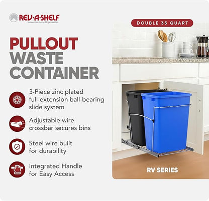 Rev-A-Shelf Double 35 Qt Pullout Trash Can for Base Kitchen Cabinets, Garbage Waste & Recycling Bin System with Full Extension Slides, Min Opening Width of 14.5", Blue/Black, RV-18KD-2218C-S