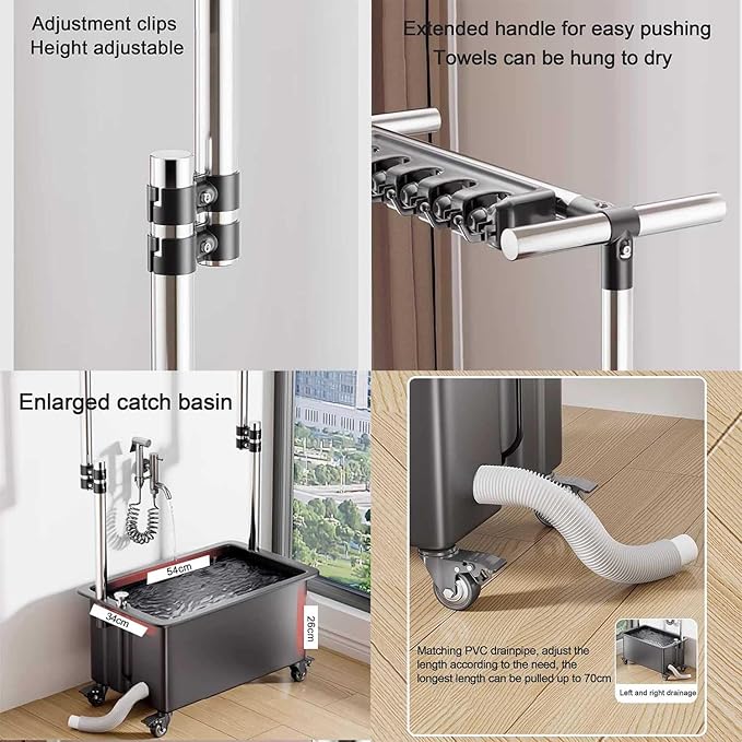 Freestanding Floor Mop Sink with 26cm Deep Basin, 93-124cm Adjustable Height Broom Mop Holder Organizer Movable Mop Sink with Wheels for Laundry Backyard Garage