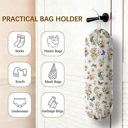Plastic Bag Holder Butterfly Floral Bag Holder Dispenser, Plastic Grocery Bag Organizer & Wall Mount Paper Trash Bags Saver Storage for Kitchen Home Pantry Decor, Shopping Bags Storage Dispenser